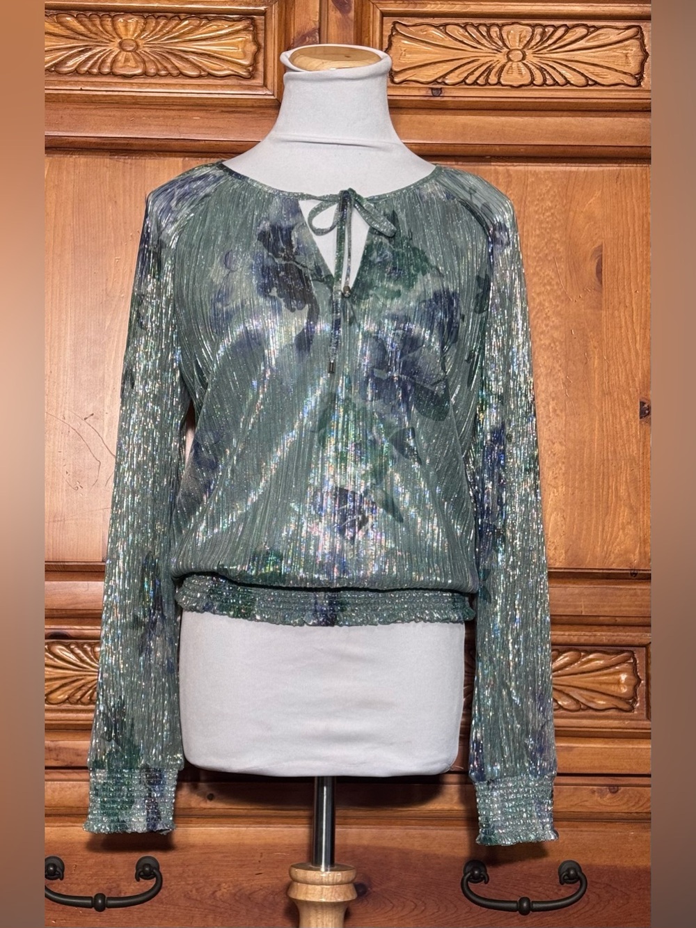 White House Black Market Shimmery Green Floral Tie-Neck Blouse